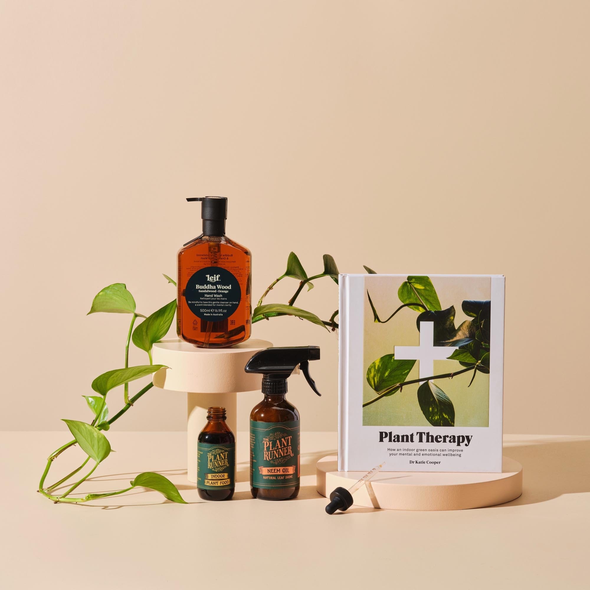 This is the Green Thumb bundle from Handsel. Included in this image is Plant therapy, Plant care essentials and Buddha wood handwash