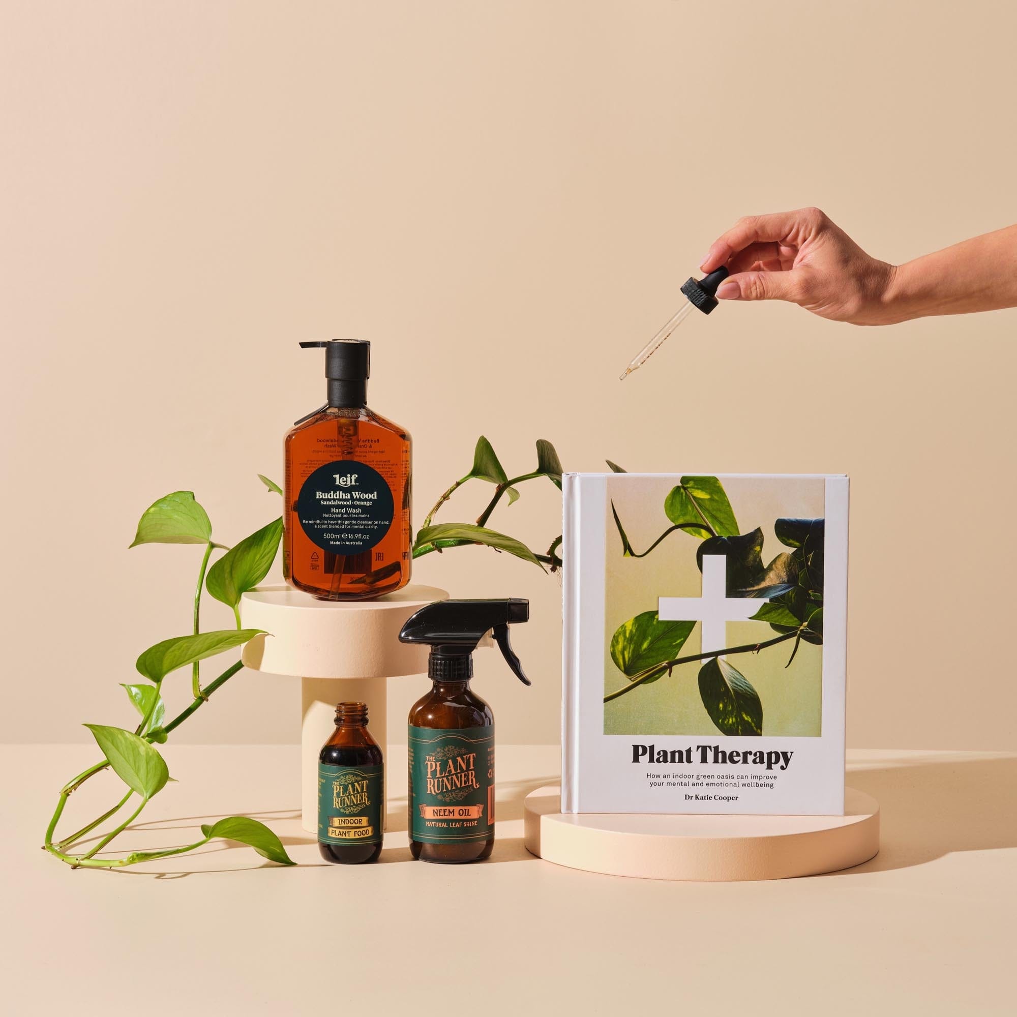 This is the Green Thumb bundle from Handsel. Included in this image is Plant therapy, Plant care essentials and Buddha wood handwash 
