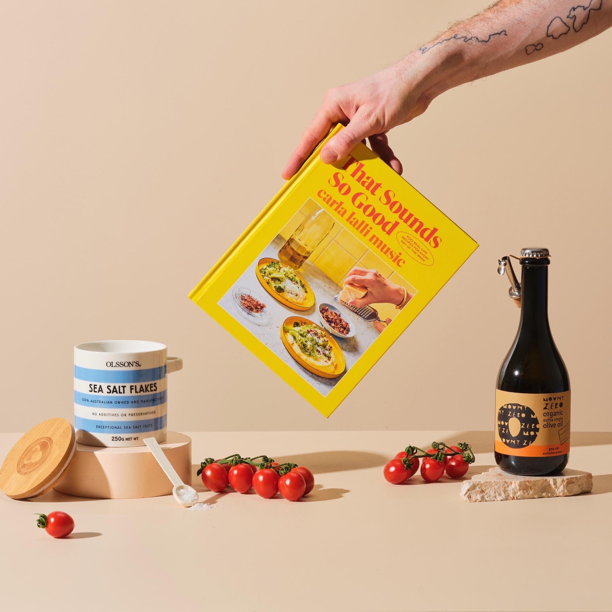 This is the Larder Love gift bundle from Handsel. Included in this image is That Sounds So Good, Olive oil and Sea salt flakes