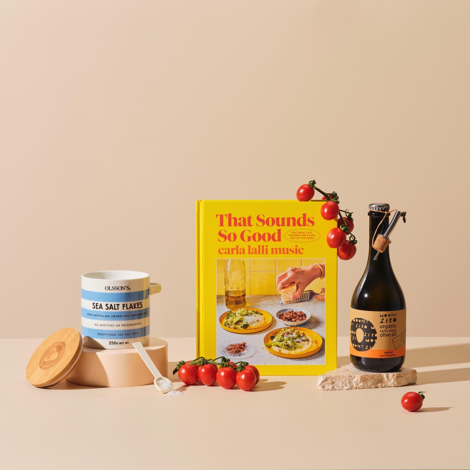 This is the Larder Love gift bundle from Handsel. Included in this image is That Sounds So Good, Olive oil and Sea salt flakes