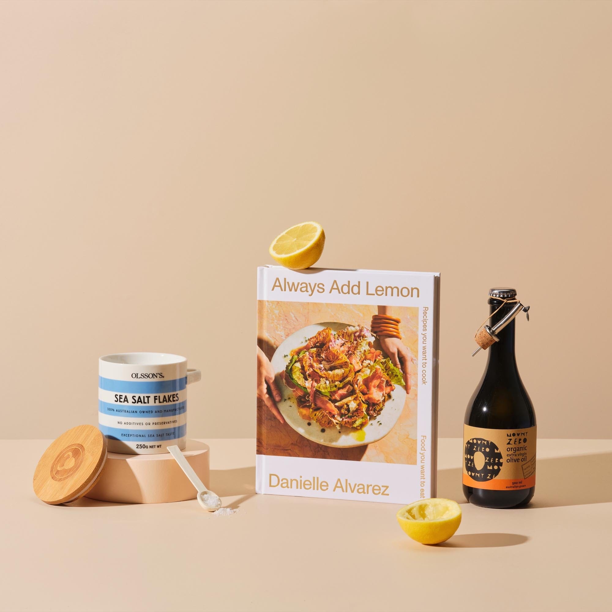 This is the Larder Love gift bundle from Handsel. Included in this image is Always Add Lemon, Olive oil and Sea salt flakes