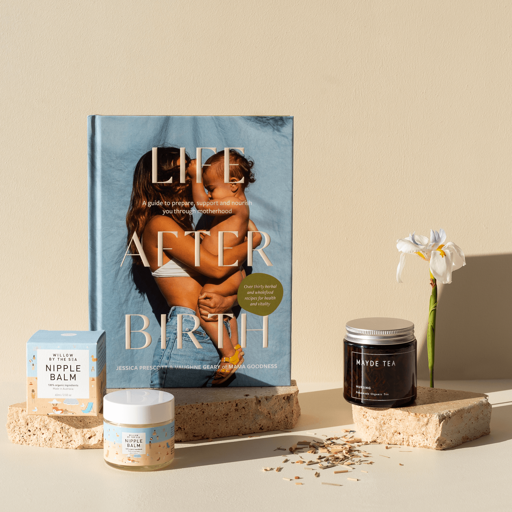 This is the hero image, featuring the regular bundle that includes, Life After Birth by Jessica Prescott, Mayde Tea and Willow by the Sea Nipple Balm