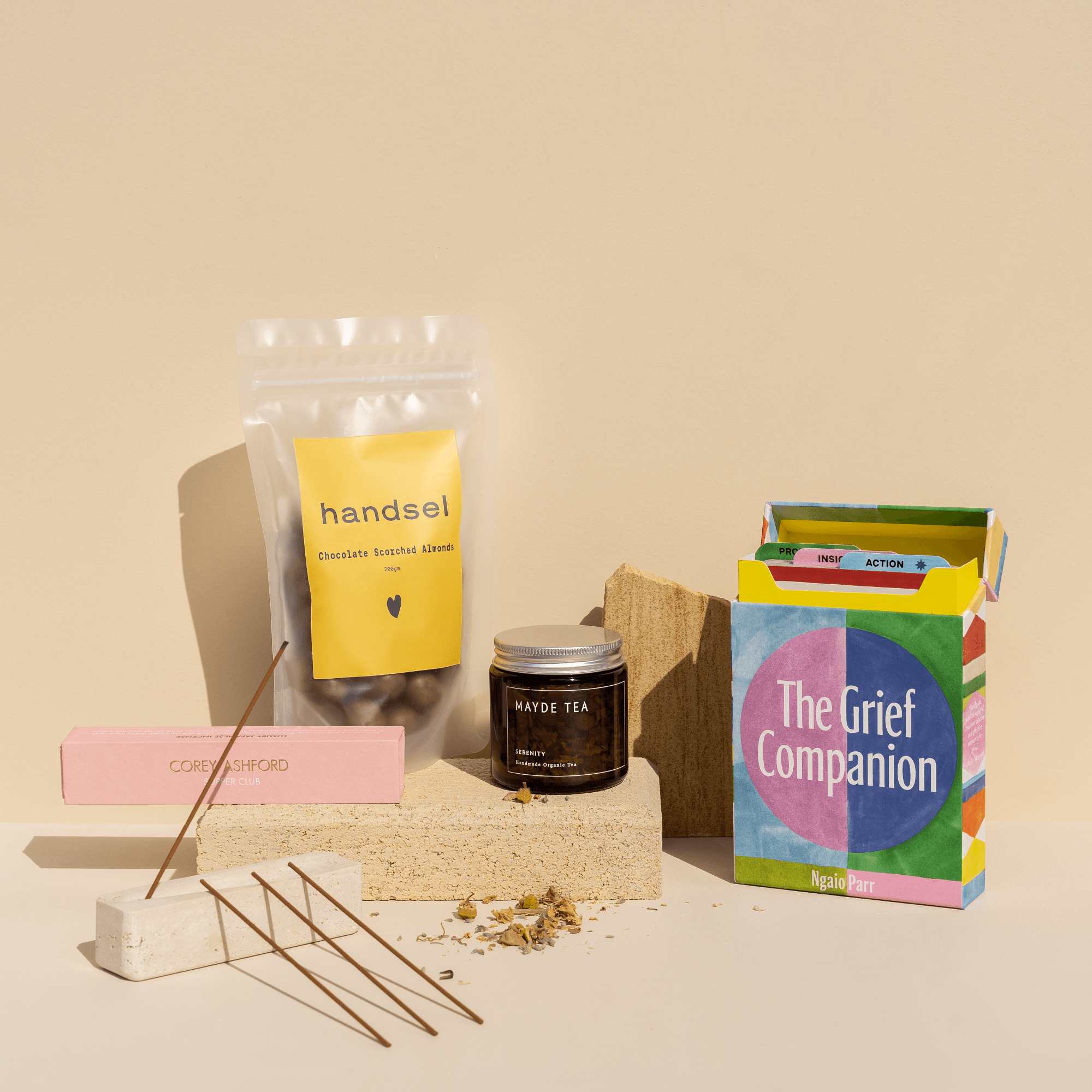 Image shows our large edition of the Grief Companion hamper, including our Incense holder and Corey Ashford Incense. 